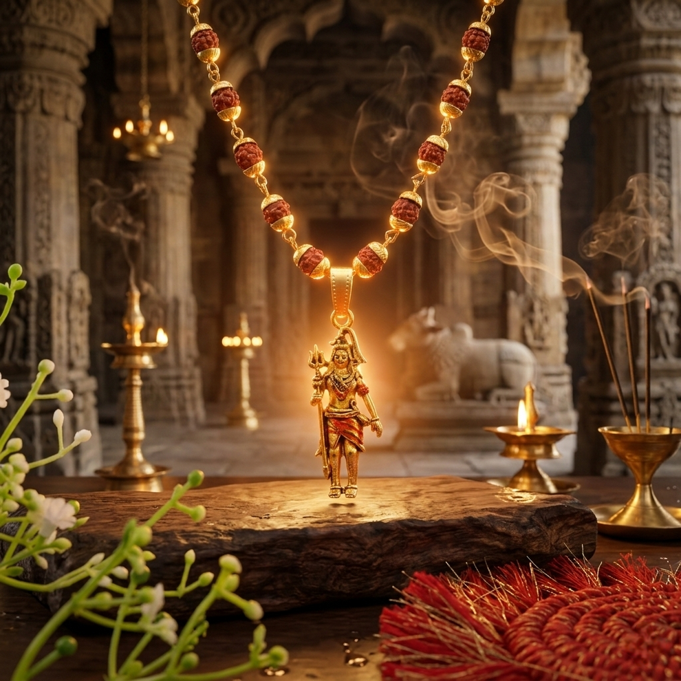 Gold Plated Shiv Ji Rudraksha Bead Necklace